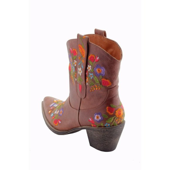 Women's Embroidered Floral Cowboy Ankle Boots Brown Leather Western Red Flowers - Picture 3 of 6